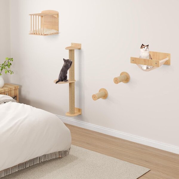 Costway Mensole per gatti da arrampicata per gatti a muro 4 in 1, Mensole per gatti on albero per gatti a 3 piani Naturale