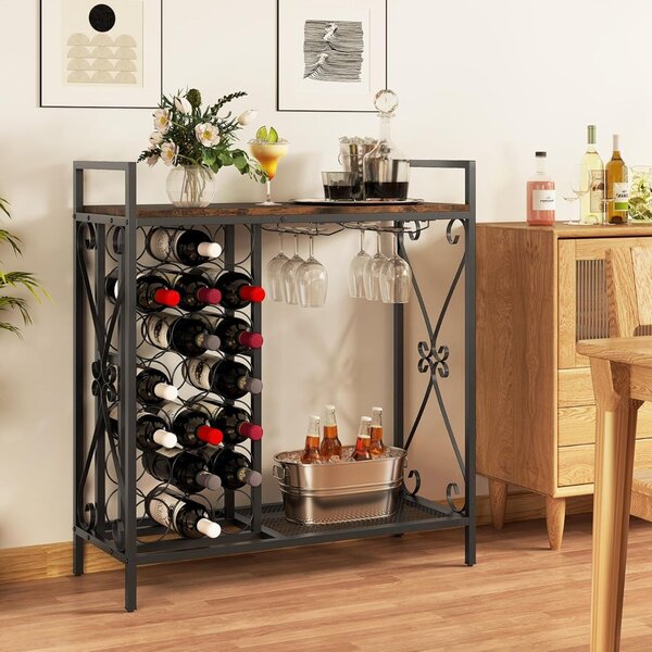 Costway Portabottiglie da vino a 21 bottiglie, Organizzatore da terra con supporto per bicchieri e piano in legno Marrone + Nero