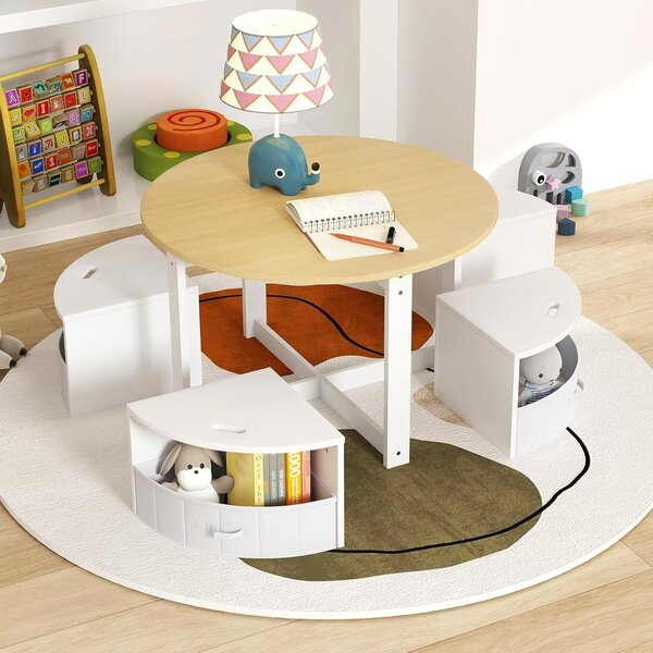 Costway Set tavolo e sedie per bambini a 5 pezzi, Tavolo rotondo con 4 sgabelli e ripiano e 4 cassetti in tessuto Naturale e Bianco