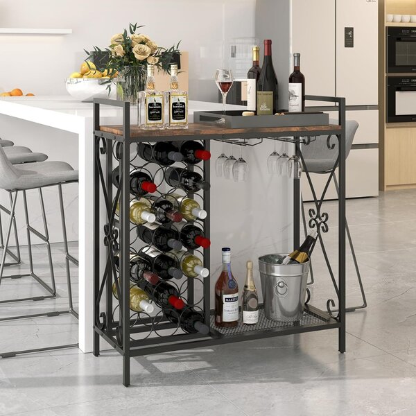 Costway Portabottiglie da vino a 21 bottiglie, Organizzatore da terra con supporto per bicchieri e piano in legno Marrone + Nero