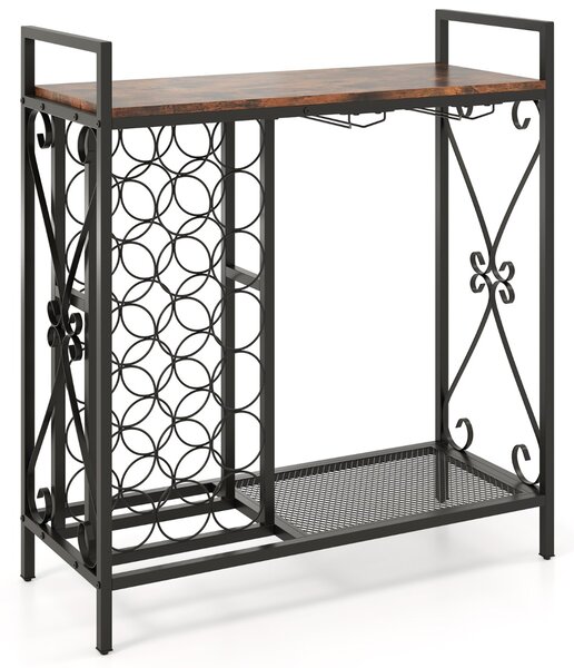 Costway Portabottiglie da vino a 21 bottiglie, Organizzatore da terra con supporto per bicchieri e piano in legno Marrone + Nero