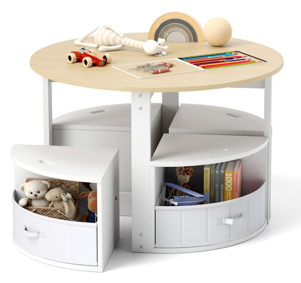 Costway Set tavolo e sedie per bambini a 5 pezzi, Tavolo rotondo con 4 sgabelli e ripiano e 4 cassetti in tessuto Naturale e Bianco