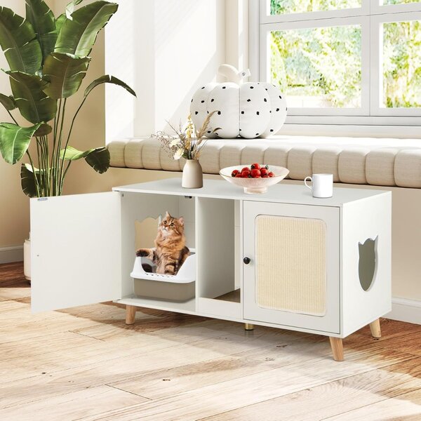 Costway Lettiera per gatti enclosure per 2 gatti con toilette nascosta, Mobile laterale in legno moderno Bianco