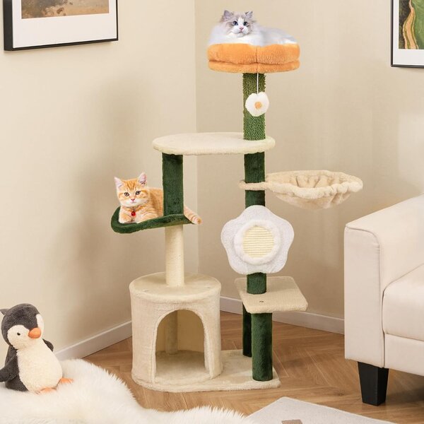 Costway Albero per gatti a forma di fiore per interni con torre in morbido peluche, Versatile centro attività con posto grattare in sisal