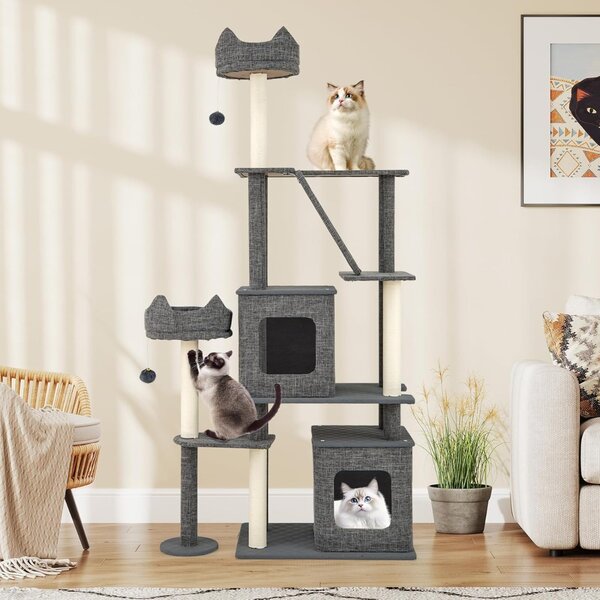 Costway 180 cm albero per gatti con torre multi-livello e posti per grattare, Mobili con 2 condomini rimovibili e palle pendenti