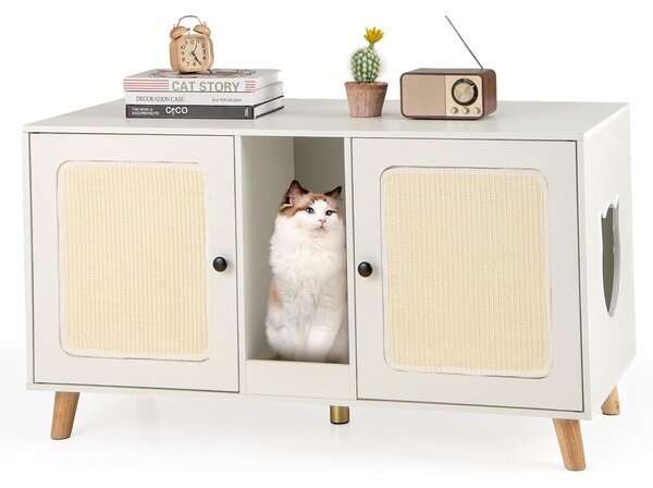 Costway Lettiera per gatti enclosure per 2 gatti con toilette nascosta, Mobile laterale in legno moderno Bianco