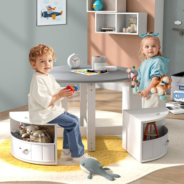 Costway Set tavolo e sedie per bambini a 5 pezzi, Tavolo rotondo con 4 sgabelli e ripiano e 4 cassetti in tessuto Grigio e Bianco