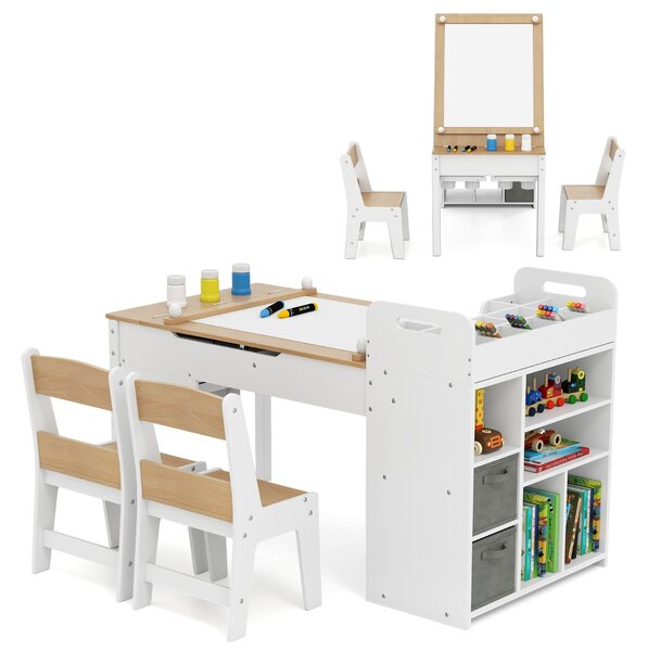 Costway Set tavolo e sedie per bambini con rotolo di carta e organizzatore portatile, Per attività e studio e gioco attivo Naturale