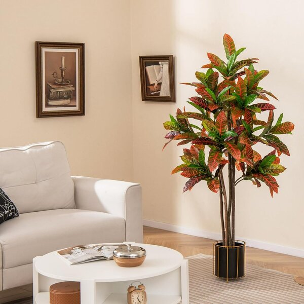 Costway Pianta artificiale di croton alta 150 cm, Pianta tropicale in vaso con foglie finte 1 Confezione