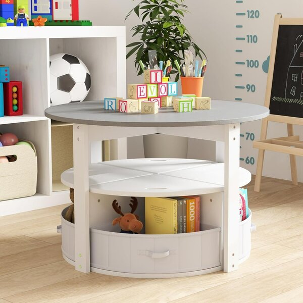 Costway Set tavolo e sedie per bambini a 5 pezzi, Tavolo rotondo con 4 sgabelli e ripiano e 4 cassetti in tessuto Grigio e Bianco