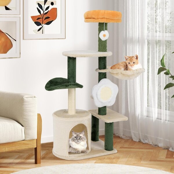 Costway Albero per gatti a forma di fiore per interni con torre in morbido peluche, Versatile centro attività con posto grattare in sisal