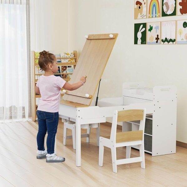 Costway Set tavolo e sedie per bambini con rotolo di carta e organizzatore portatile, Per attività e studio e gioco attivo Naturale