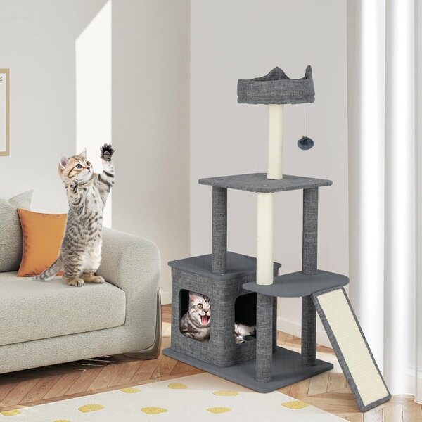 Costway Albero per gatti interno 117 cm torre con tiragraffi in sisal e condominio, Mobili con giochi appesi e piattaforma versatili