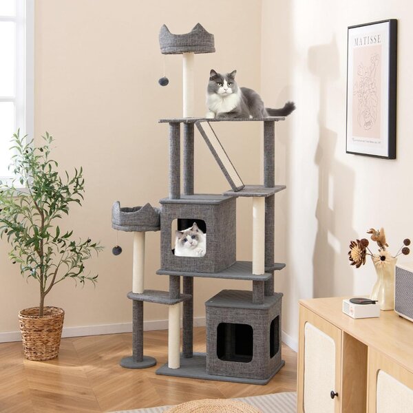 Costway 180 cm albero per gatti con torre multi-livello e posti per grattare, Mobili con 2 condomini rimovibili e palle pendenti