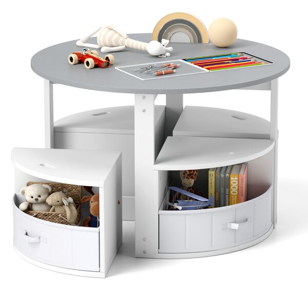 Costway Set tavolo e sedie per bambini a 5 pezzi, Tavolo rotondo con 4 sgabelli e ripiano e 4 cassetti in tessuto Grigio e Bianco