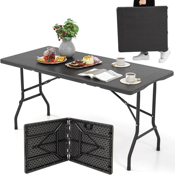 Costway Tavolo pieghevole da 152 cm per 4-6 persone per campeggio BBQ feste, Tavolo da pranzo per interni ed esterni Nero