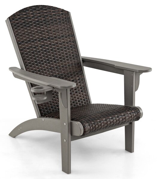 Costway Sedia adirondack da patio con sedile e schienale imbottiti in rattan, Sedia da lounge e porta tazza nascosto Grigio