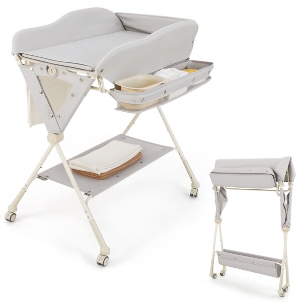 Costway Fasciatoio per bambini con 3 altezze regolabili e 4 ruote bloccabili, Fasciatoio pieghevole con bacino Grigio