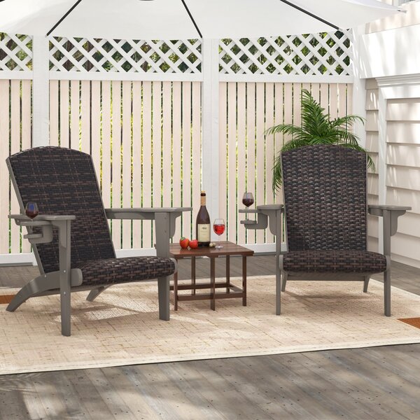 Costway Sedia adirondack da patio con sedile e schienale imbottiti in rattan, Sedia da lounge e porta tazza nascosto Grigio