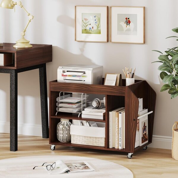 Costway Tavolo laterale e libreria a 3 ripiani con ruote universali, Comodino con 3 scomparti e 1 ripiano laterale in legno