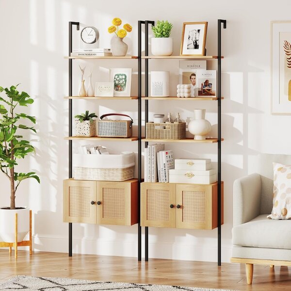 Costway Libreria a scala a 5 ripiani con armadio in rattan con struttura in metallo, Libreria a scala da parete alto 184 cm Naturale