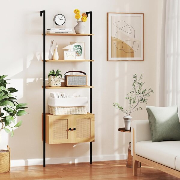 Costway Libreria a scala a 5 ripiani con armadio in rattan con struttura in metallo, Libreria a scala da parete alto 184 cm Naturale
