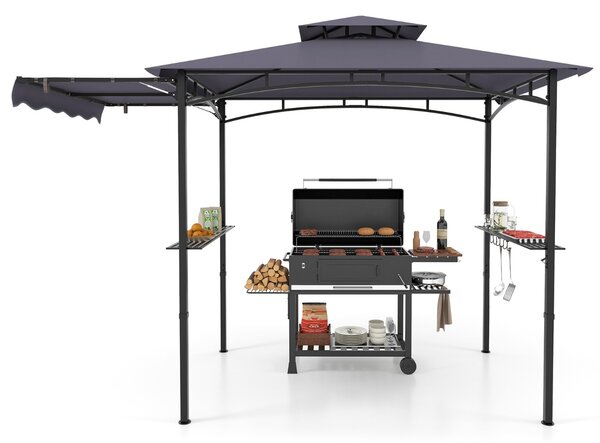 Costway Gazebo per barbecue 250 x 203cm con tendalino laterale tetto a 2 livelli 2 ripiani laterali, Rifugio per barbecue Grigio scuro