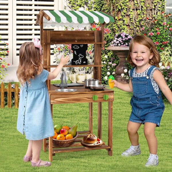 Costway Cucina da gioco in legno con tettoia lavagna lavello e rubinetto, Cucina da gioco a doppio lato Marrone