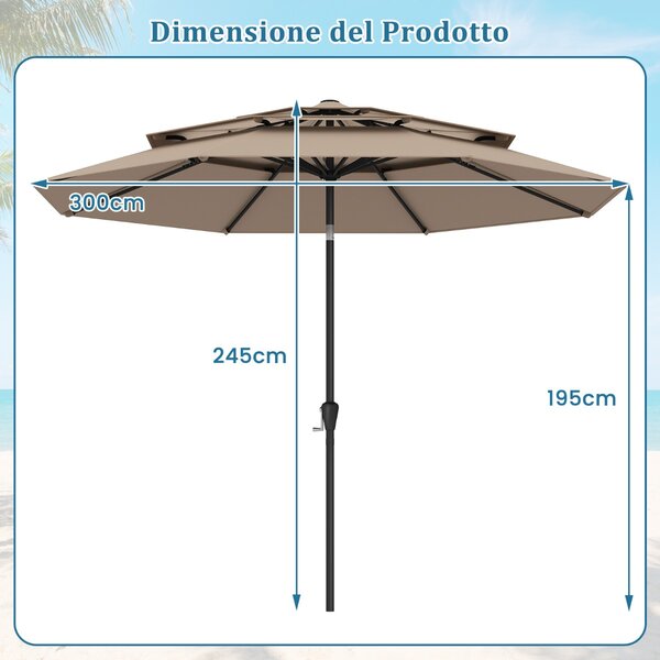 Costway Ombrellone da mercato con inclinazione a pulsante da tavolo per giardino, Ombrellone da patio 300 cm Marrone