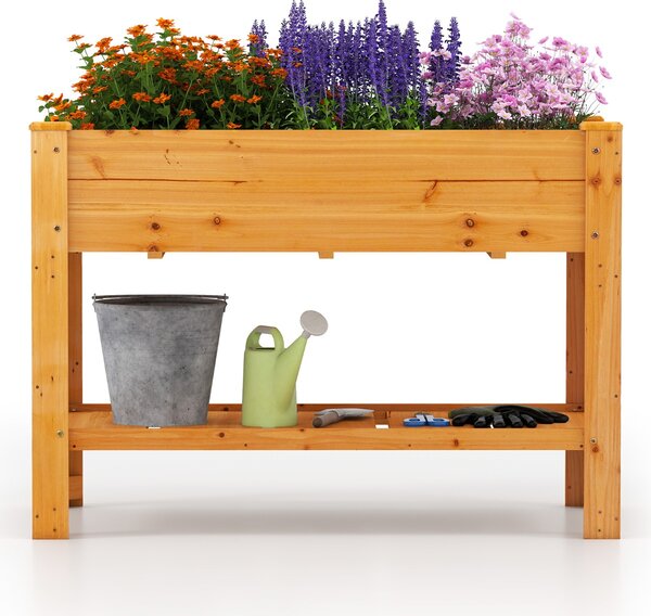 Costway Aiuola da giardino in legno rialzata, Fioriera con gambe e ripiano contenitore per erbe Marrone