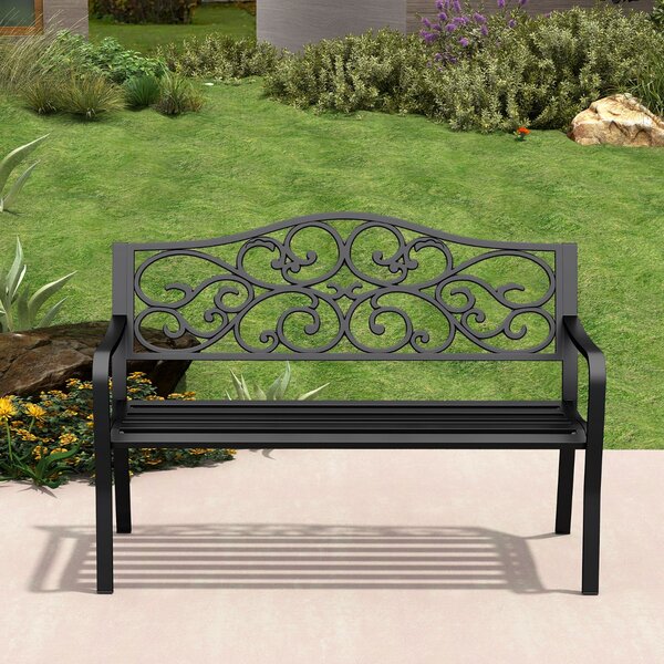 Costway Panchina da giardino con schienale a design fiorito e seduta a listoni, Panchina da giardino da esterno da 128 cm Nero