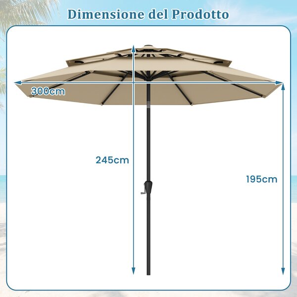 Costway Ombrellone da mercato con inclinazione a pulsante da tavolo per giardino, Ombrellone da patio 300 cm Beige