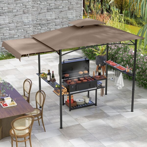Costway Gazebo per barbecue 250 x 203cm con tendalino laterale tetto a 2 livelli 2 ripiani laterali, Rifugio per barbecue Marrone