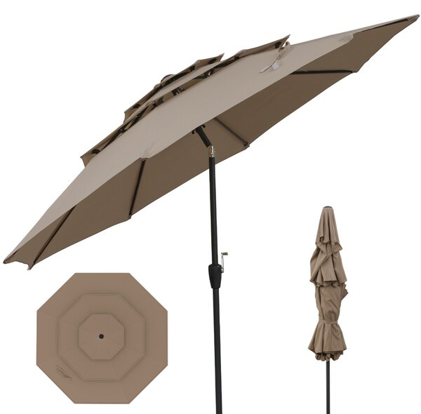 Costway Ombrellone da mercato con inclinazione a pulsante da tavolo per giardino, Ombrellone da patio 300 cm Marrone