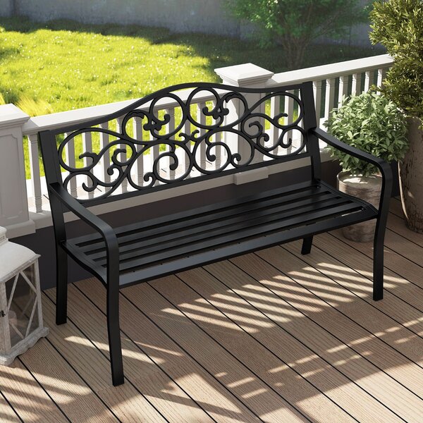 Costway Panchina da giardino con schienale a design fiorito e seduta a listoni, Panchina da giardino da esterno da 128 cm Nero