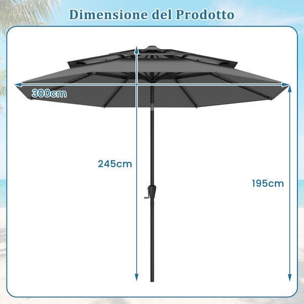 Costway Ombrellone da mercato con inclinazione a pulsante da tavolo per giardino, Ombrellone da patio 300 cm Grigio