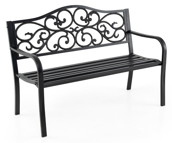 Costway Panchina da giardino con schienale a design fiorito e seduta a listoni, Panchina da giardino da esterno da 128 cm Nero