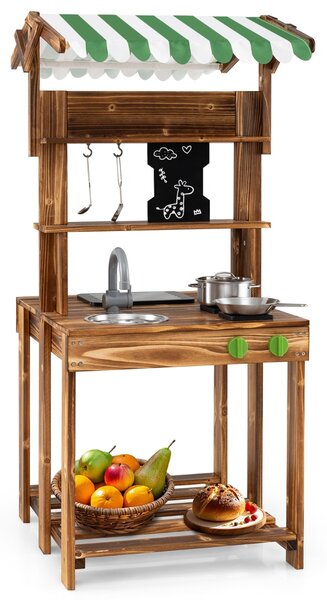 Costway Cucina da gioco in legno con tettoia lavagna lavello e rubinetto, Cucina da gioco a doppio lato Marrone