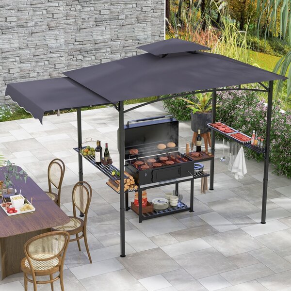 Costway Gazebo per barbecue 250 x 203cm con tendalino laterale tetto a 2 livelli 2 ripiani laterali, Rifugio per barbecue Grigio scuro