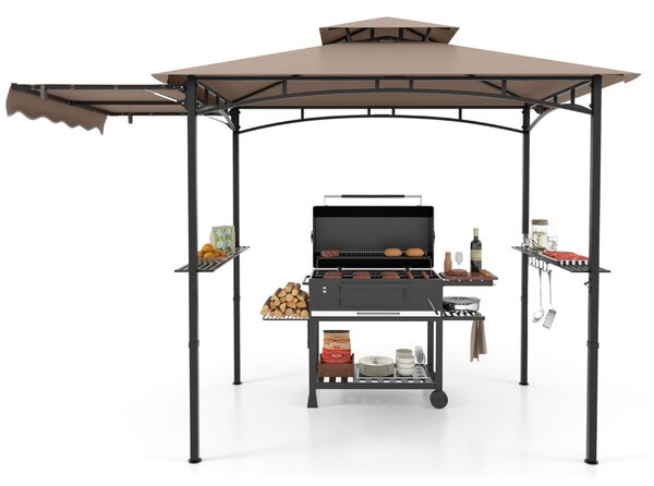 Costway Gazebo per barbecue 250 x 203cm con tendalino laterale tetto a 2 livelli 2 ripiani laterali, Rifugio per barbecue Marrone
