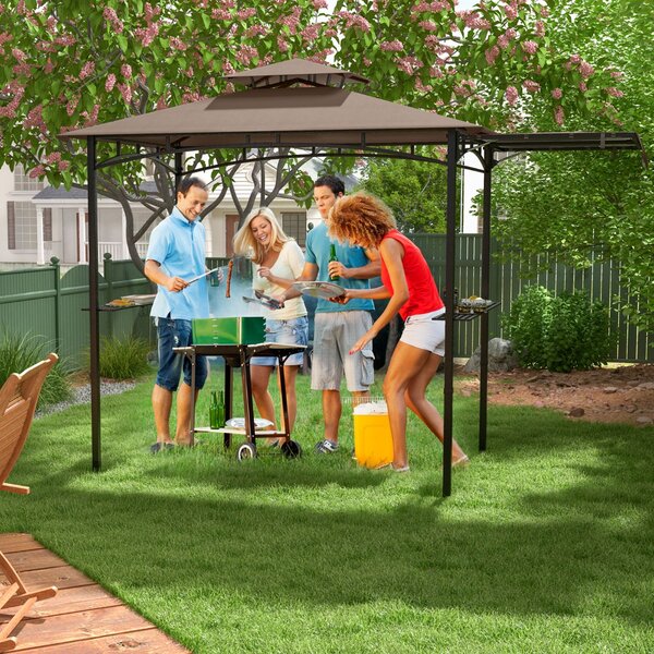 Costway Gazebo per barbecue 250 x 203cm con tendalino laterale tetto a 2 livelli 2 ripiani laterali, Rifugio per barbecue Marrone