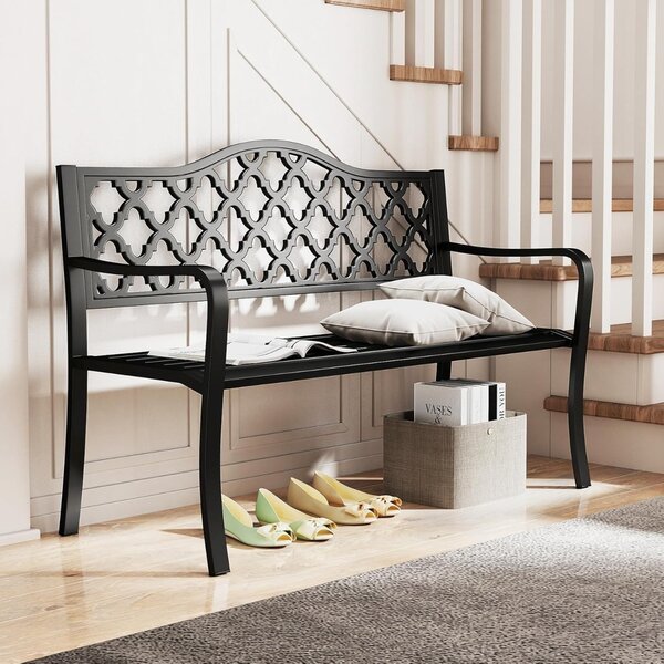 Costway Panchina da patio da 128 cm per esterni, Panchina da giardino in metallo con doghe per 2-3 persone Nero