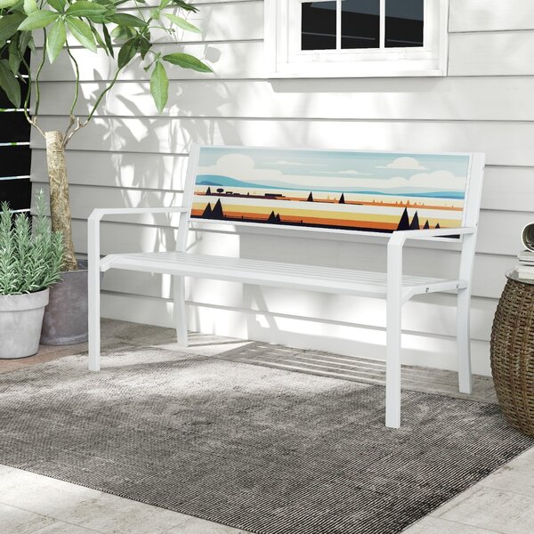 Costway Pancha da giardino sedile a doghe, Panchina per esterno in metallo a 2 posti con schienale decorativo Bianco