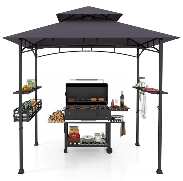Costway Gazebo barbecue con 2 ripiani laterali cestino ganci appendiutensili, Tendone da esterno per barbecue 242x153cm Grigio scuro