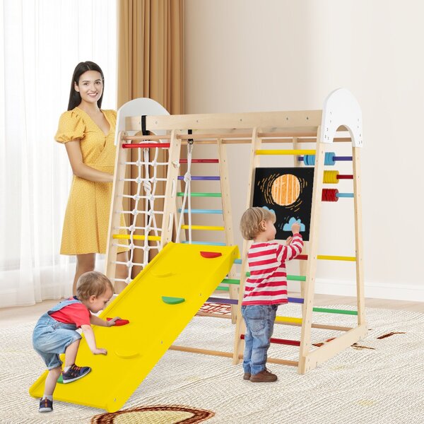 Costway Set arrampicata 8 in 1 per bambini con abaco e altalena, Set arrampicata di legno con scivolo e scala Colorato