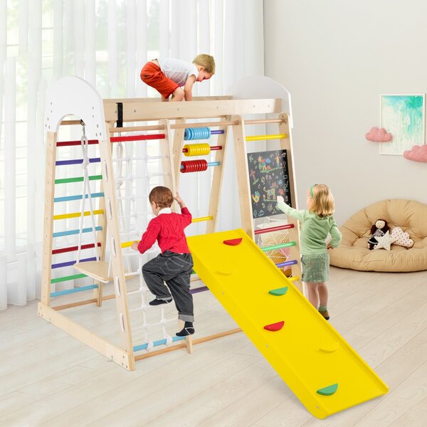 Costway Set arrampicata 8 in 1 per bambini con abaco e altalena, Set arrampicata di legno con scivolo e scala Colorato