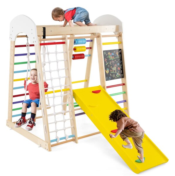 Costway Set arrampicata 8 in 1 per bambini con abaco e altalena, Set arrampicata di legno con scivolo e scala Colorato