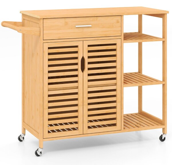 Costway Carrello da cucina 90 cm per sala da pranzo e soggiorno, Barra per asciugamani e armadio con 2 porte Naturale
