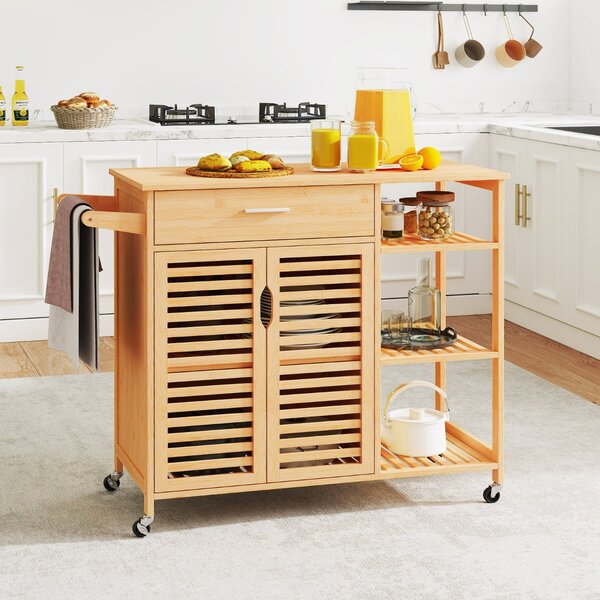 Costway Carrello da cucina 90 cm per sala da pranzo e soggiorno, Barra per asciugamani e armadio con 2 porte Naturale