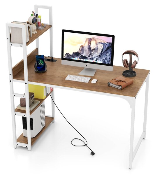 Costway Scrivania per computer con ciabatta elettrica, Scrivania studio da 120 CM con mensola uscite AC Naturale & Bianco